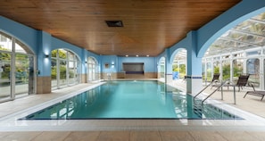 Indoor pool, open 7 AM to 9 PM, pool loungers