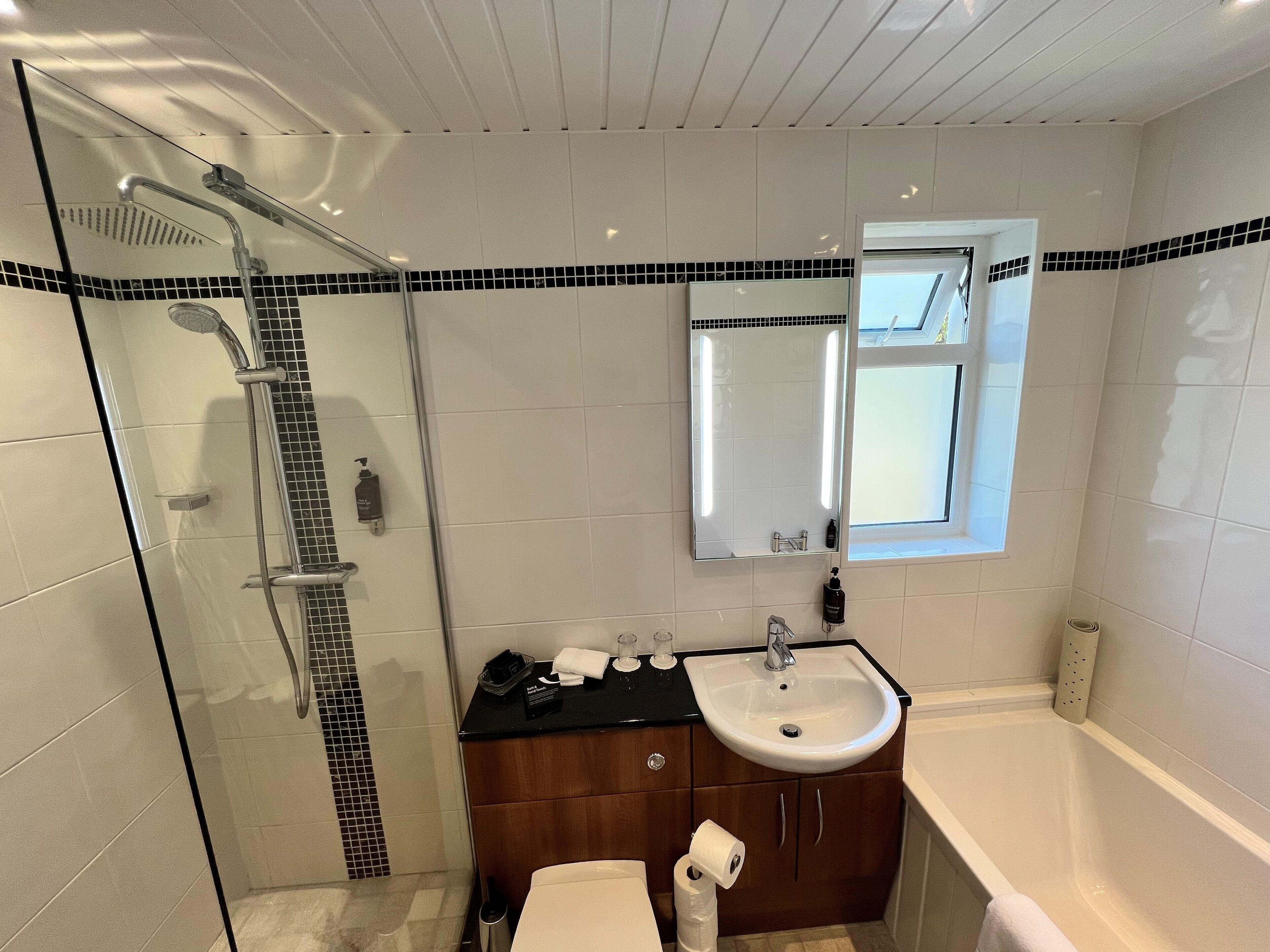 A modern bathroom with a glass-enclosed shower, a sink, a mirror, and a bathtub.