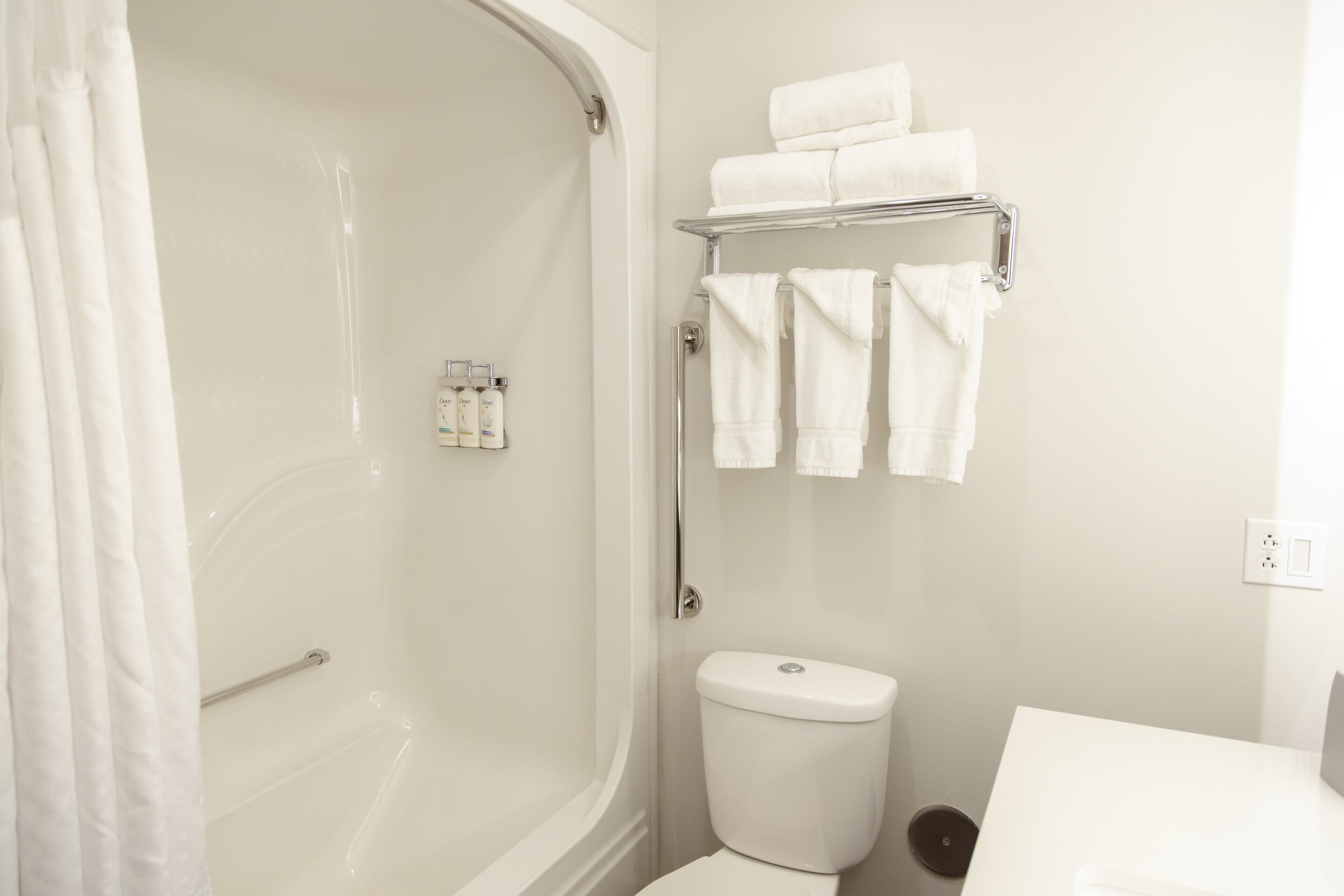 combined shower/bathtub, free toiletries, hair dryer, towels