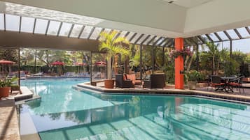 Indoor pool, outdoor pool, open 7:00 AM to 8:00 PM, pool umbrellas