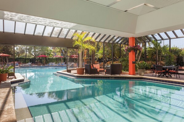 Indoor pool, outdoor pool, open 7:00 AM to 8:00 PM, pool umbrellas