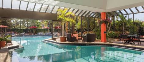 Indoor pool, outdoor pool, open 6:00 AM to 6:30 PM, pool umbrellas