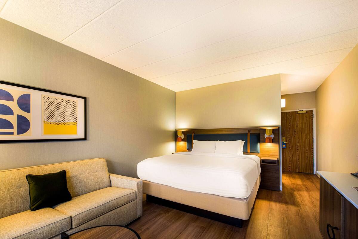 A hotel room with a bed, a sofa, a bedside table, and a wall-mounted artwork.