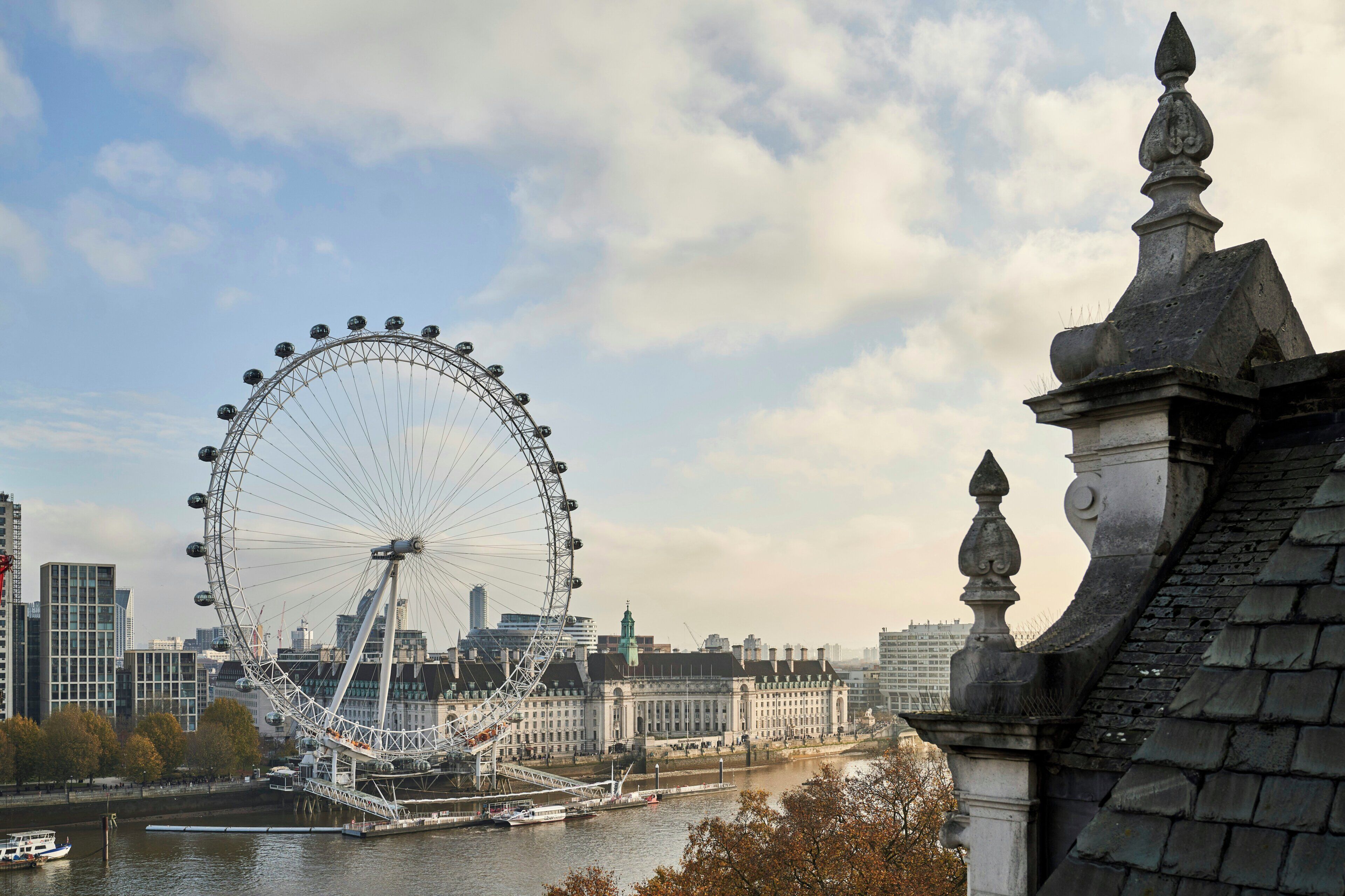 A large Ferris wheel, a river, and historic buildings.