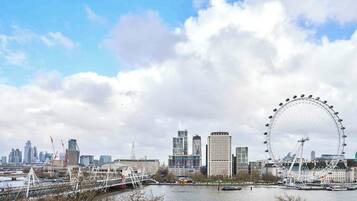 Eine Stadtlandschaft mit einem markanten Riesenrad, modernen Gebäuden und einer Brücke über einem Fluss.