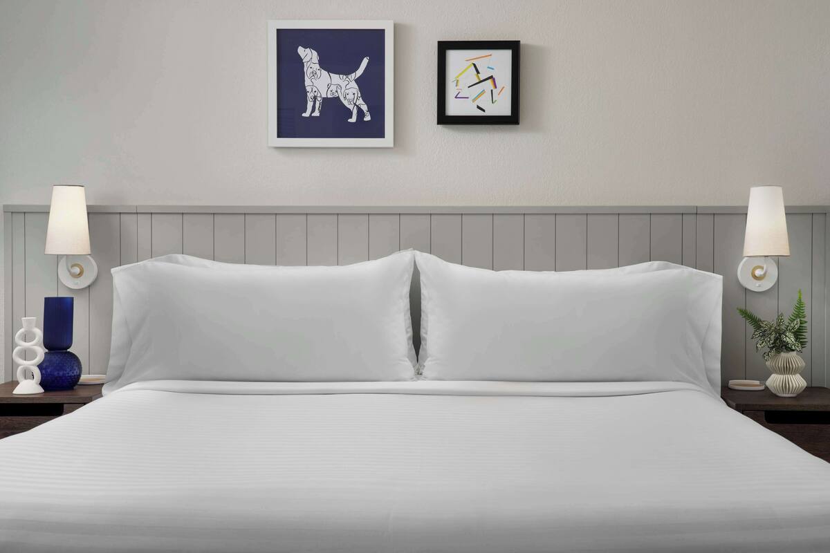 Una cama bien hecha con sábanas blancas, un cabecero gris y dos lámparas fijadas a la pared a cada lado.