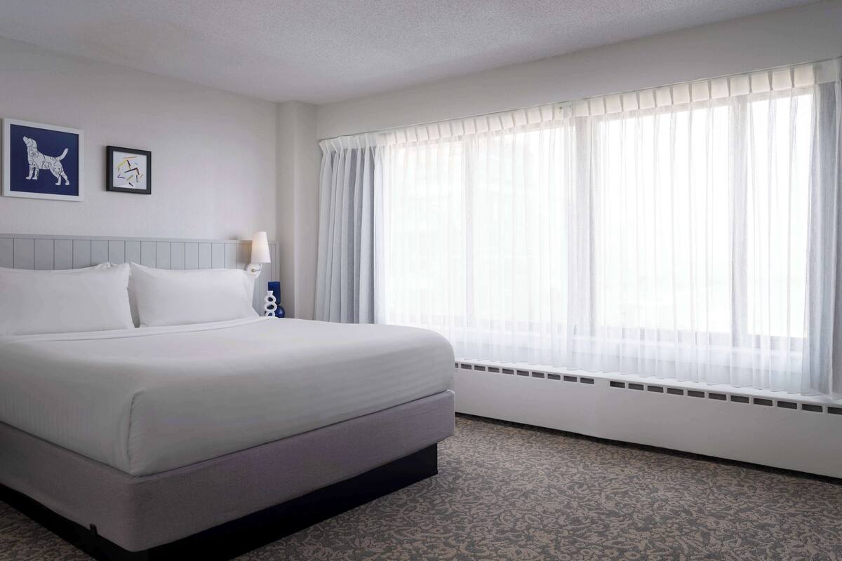 Habitación de hotel con una cama grande, una ventana con cortinas traslúcidas, un radiador y dos obras de arte en la pared.