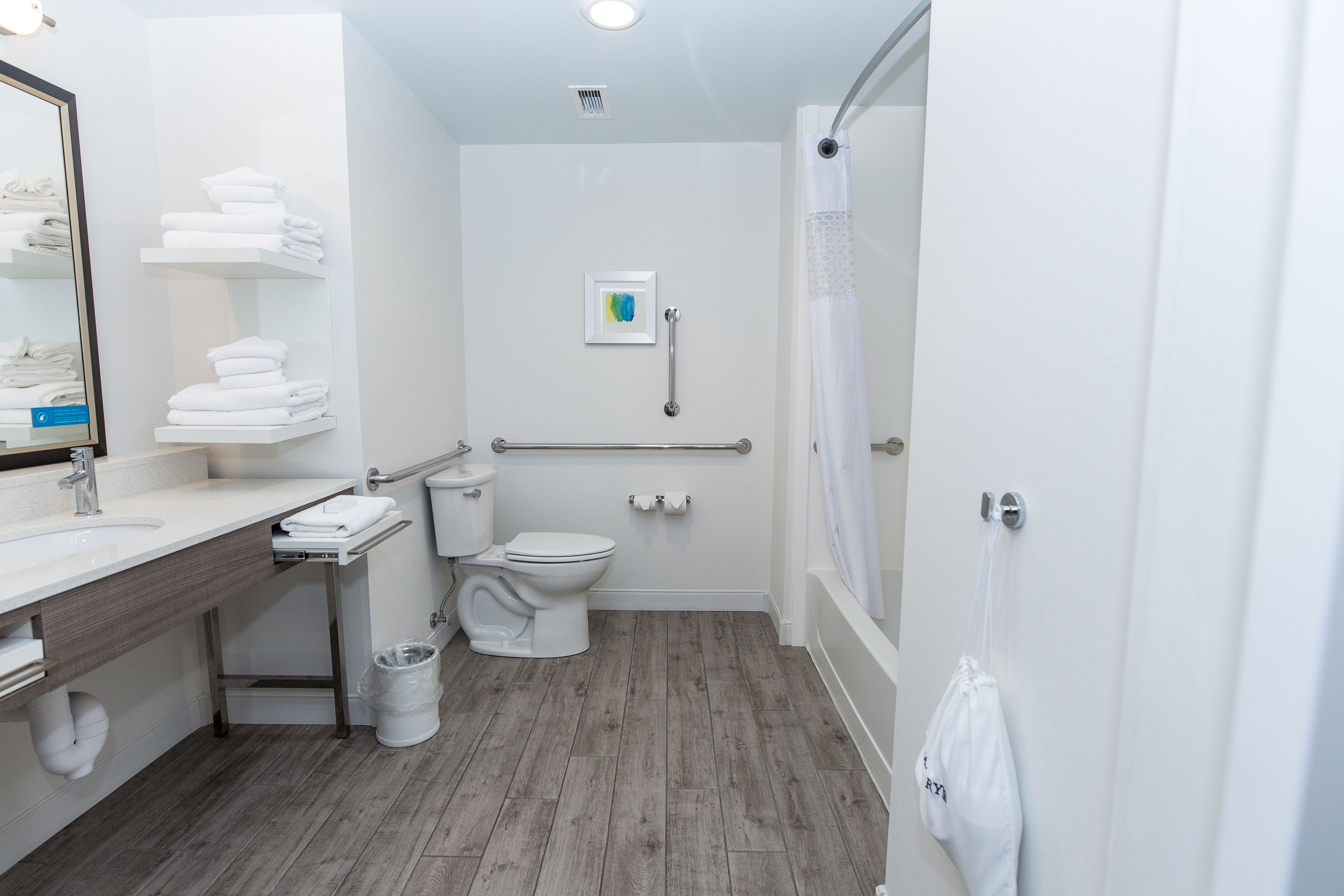 Un bagno moderno con pavimento in legno, accessori bianchi, un corrimano e una tenda da doccia.