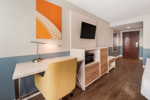 Desk, laptop workspace, blackout drapes, rollaway beds