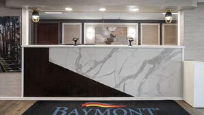 A reception desk with a marble design, a logo, and a doormat.