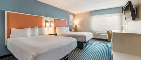 Desk, laptop workspace, blackout curtains, rollaway beds