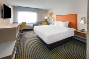 Habitación de hotel con una cama grande, un escritorio, una silla, un televisor y una ventana.