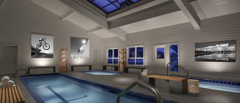 Ein großer, überdachter Pool mit Oberlichter, mehreren Fenstern und verschiedenen gerahmten Bildern an den Wänden.