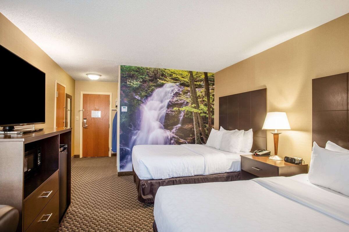 A hotel room with two beds, a TV, a desk with a lamp, and a wall with a waterfall mural.