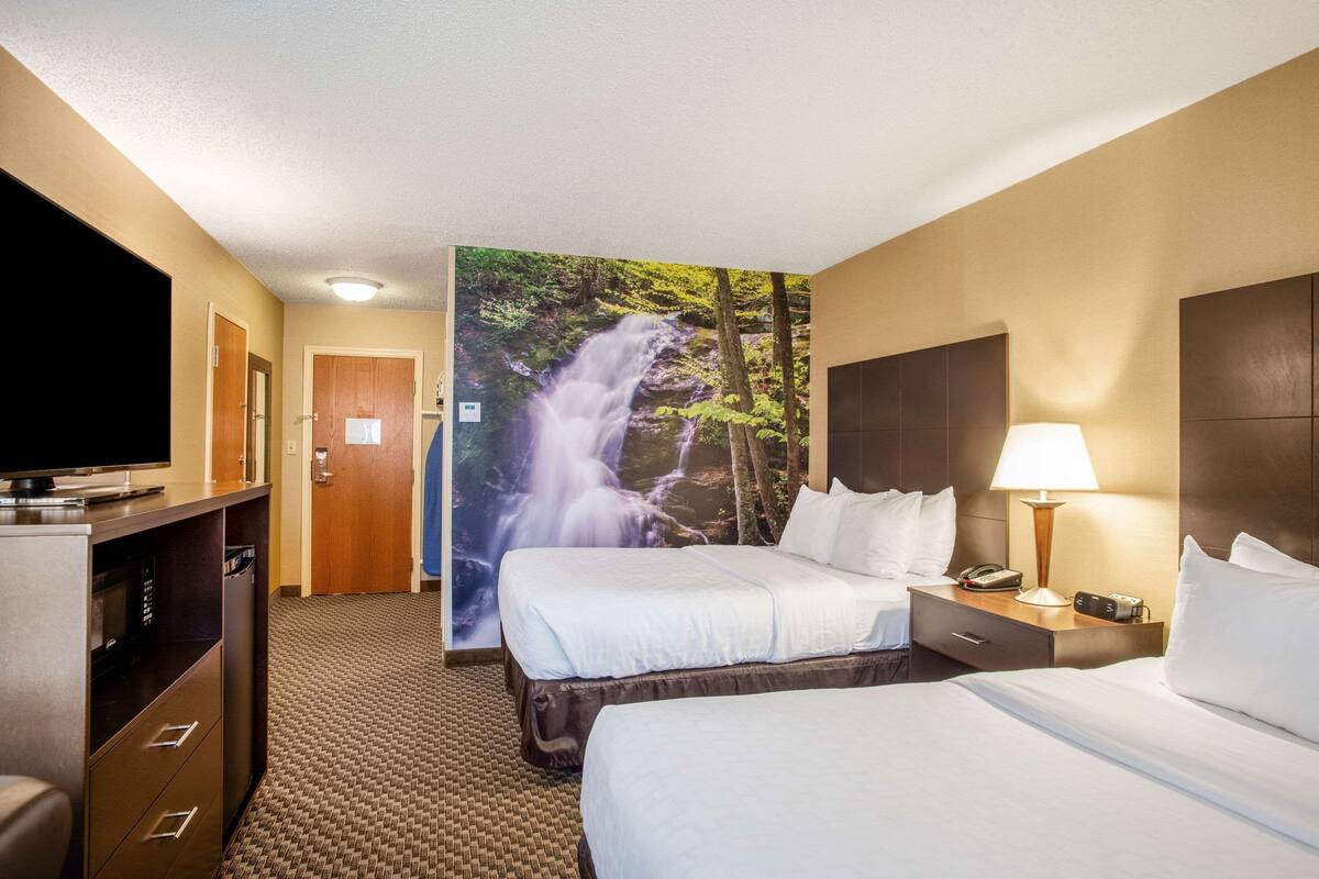 A hotel room with two beds, a TV, a desk, and a large waterfall mural on the wall.