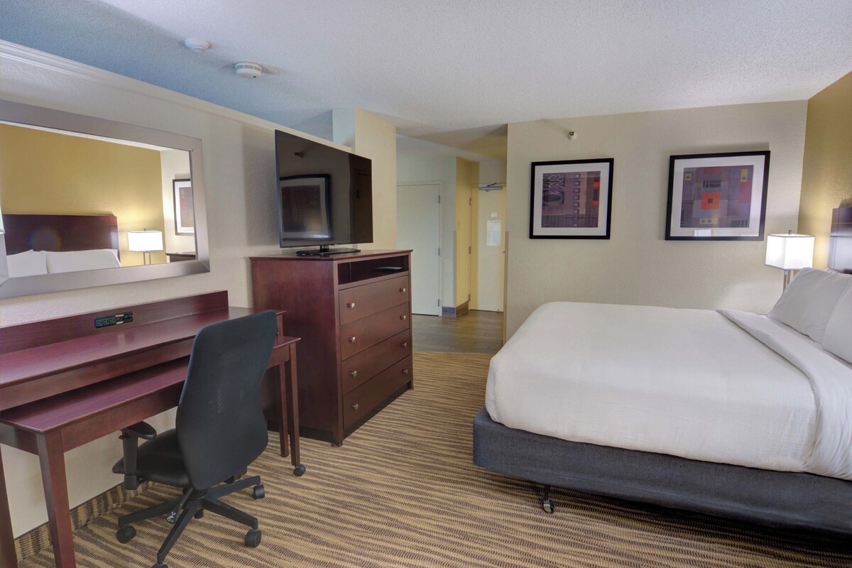 A hotel room with a bed, desk, chair, dresser, television, and framed artwork on the wall.