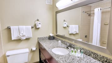 Un baño con inodoro, lavamanos, espejo y toalleros.