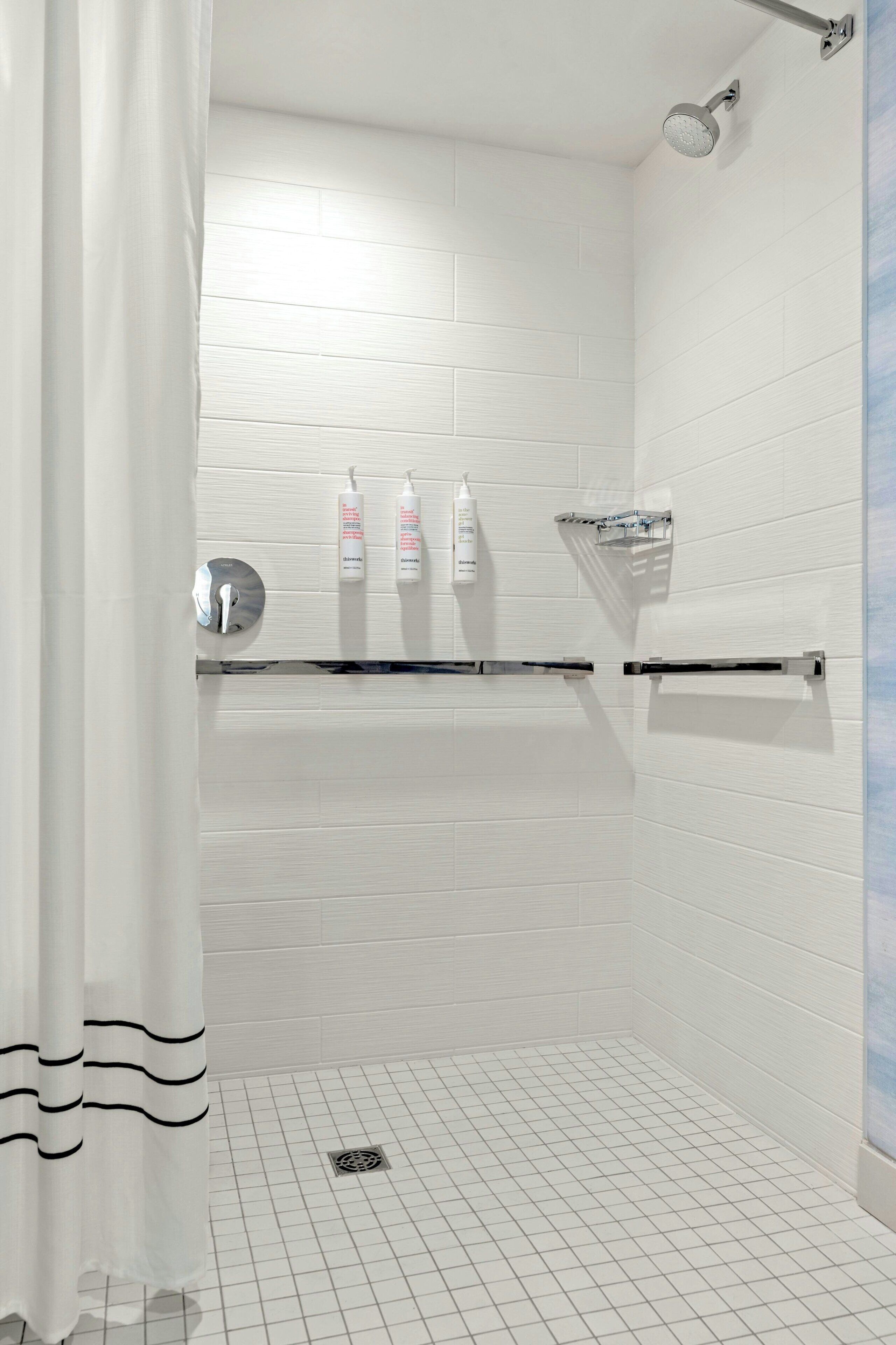 combined shower/bathtub, free toiletries, hair dryer, towels