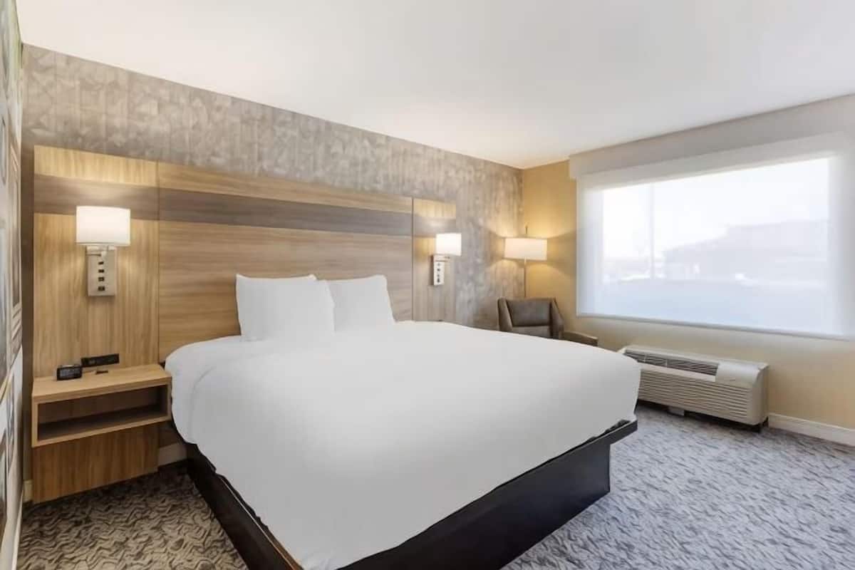 A hotel room with a large bed, bedside lamps, a nightstand, a chair, a window with a view, and a wall-mounted heater.