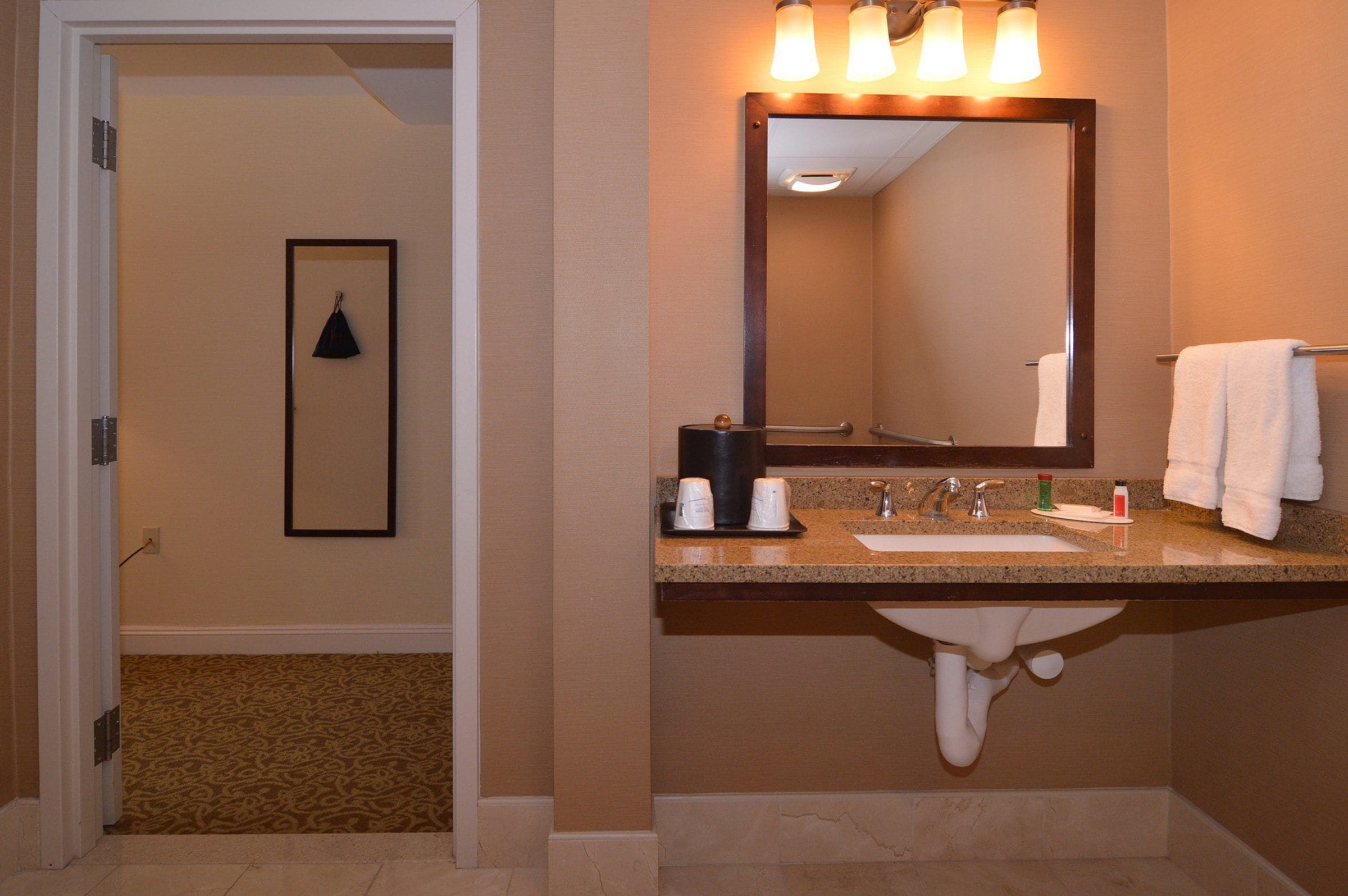 A hotel bathroom with a sink, mirror, towel rack, and a framed picture on the wall.