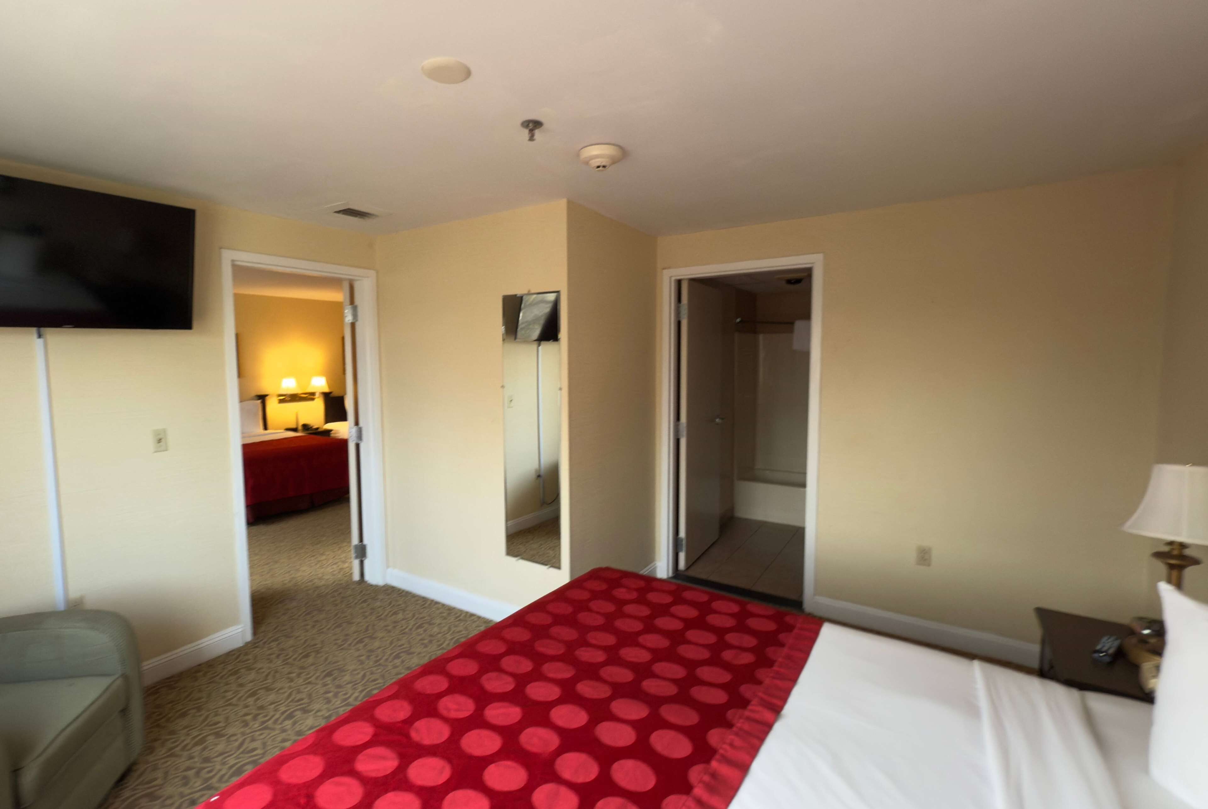 Una habitación de hotel con cama, televisión, escritorio y espejo.