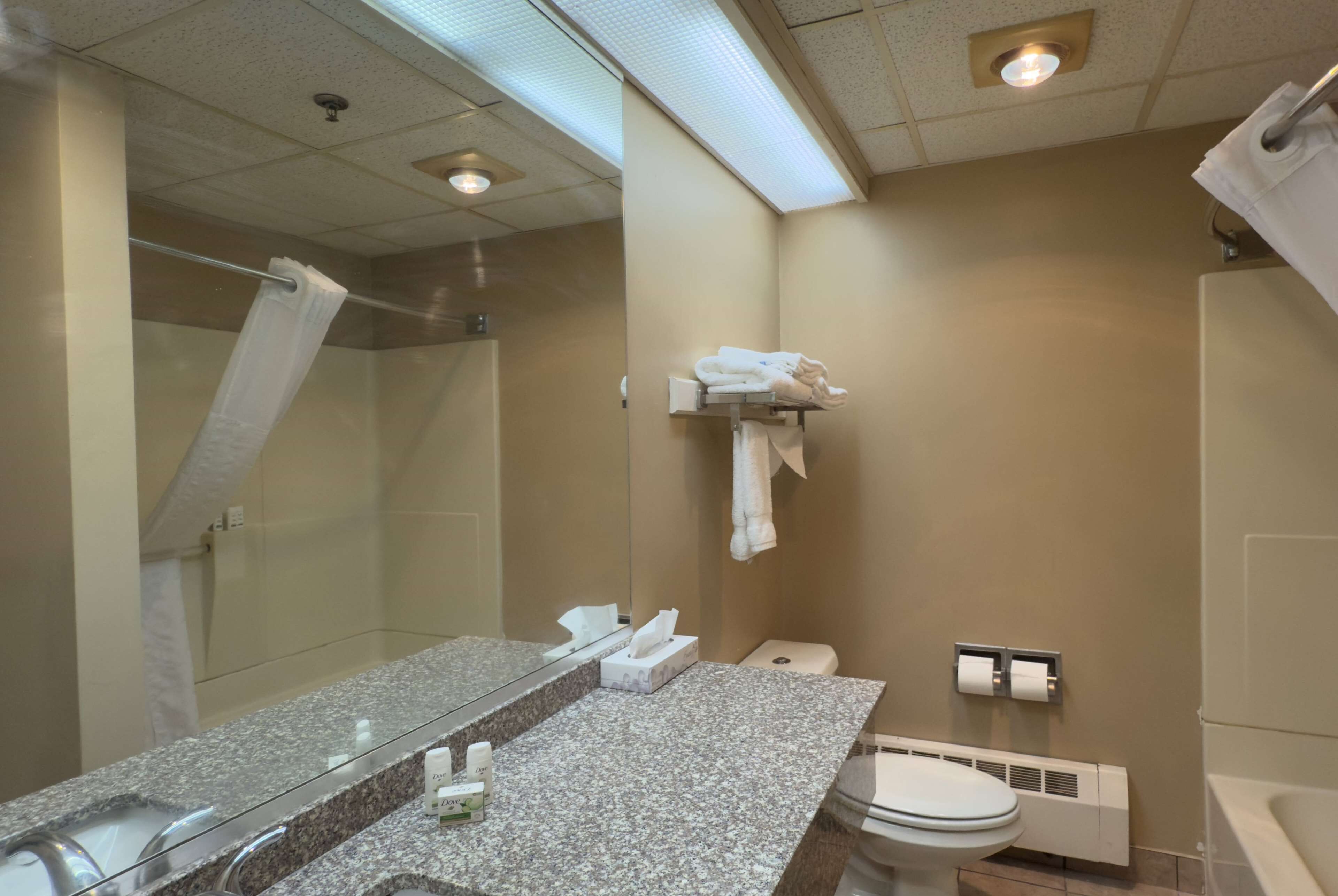 A bathroom with a granite countertop, a glass shower enclosure, a toilet, and a towel rack.