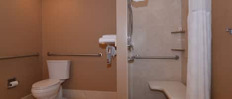 A bathroom with a toilet, a shower, and a grab bar.