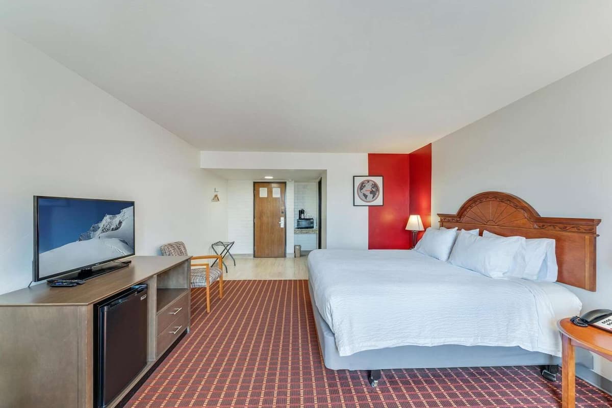 A hotel room with a bed, a TV, a desk, and a red accent wall.