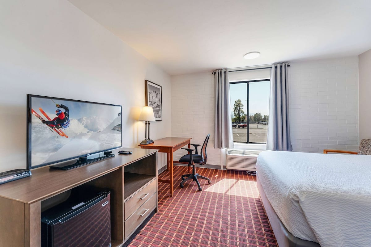 A hotel room with a bed, a desk with a chair, a television, and a window with curtains.