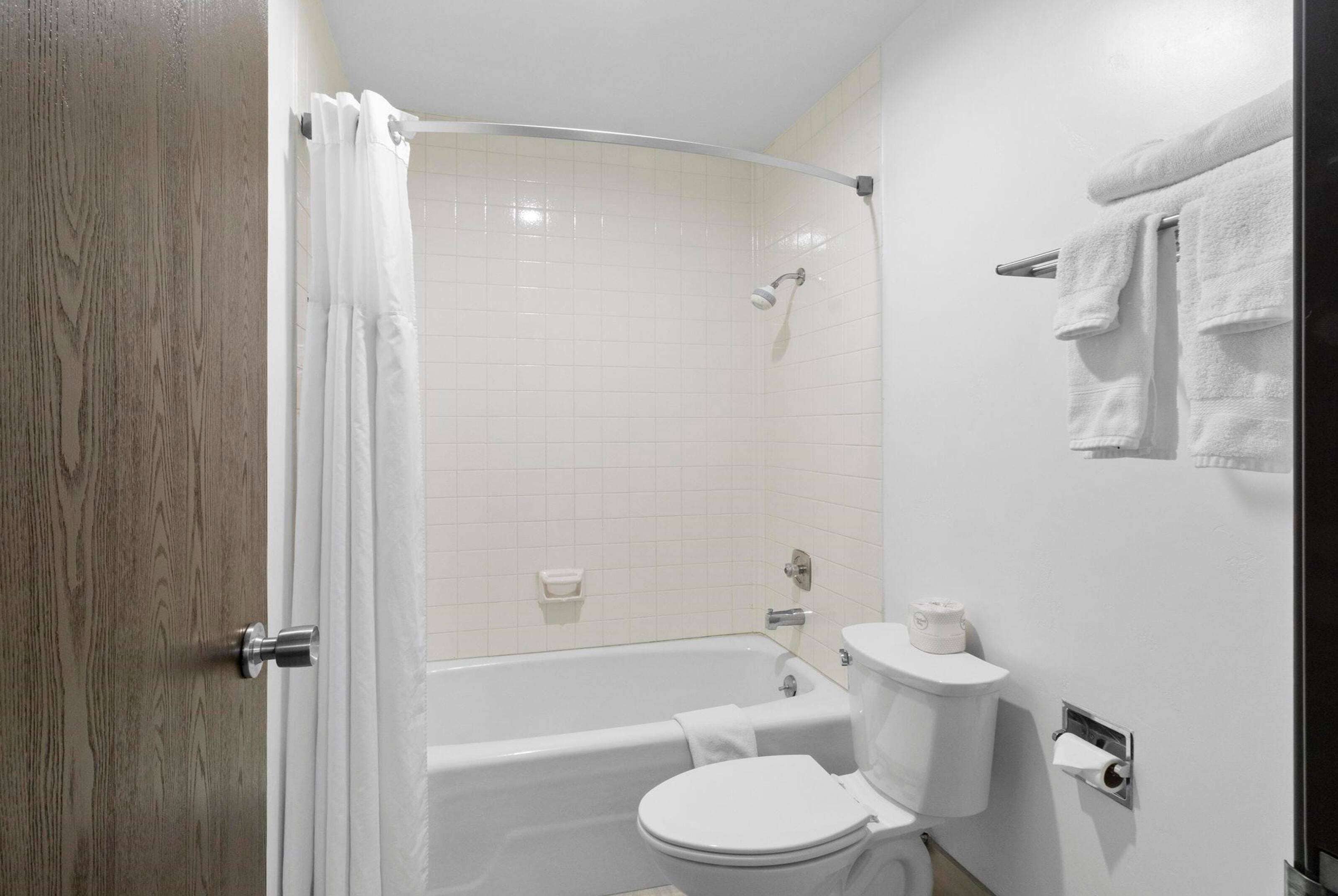 Combined shower/tub, free toiletries, hair dryer, towels