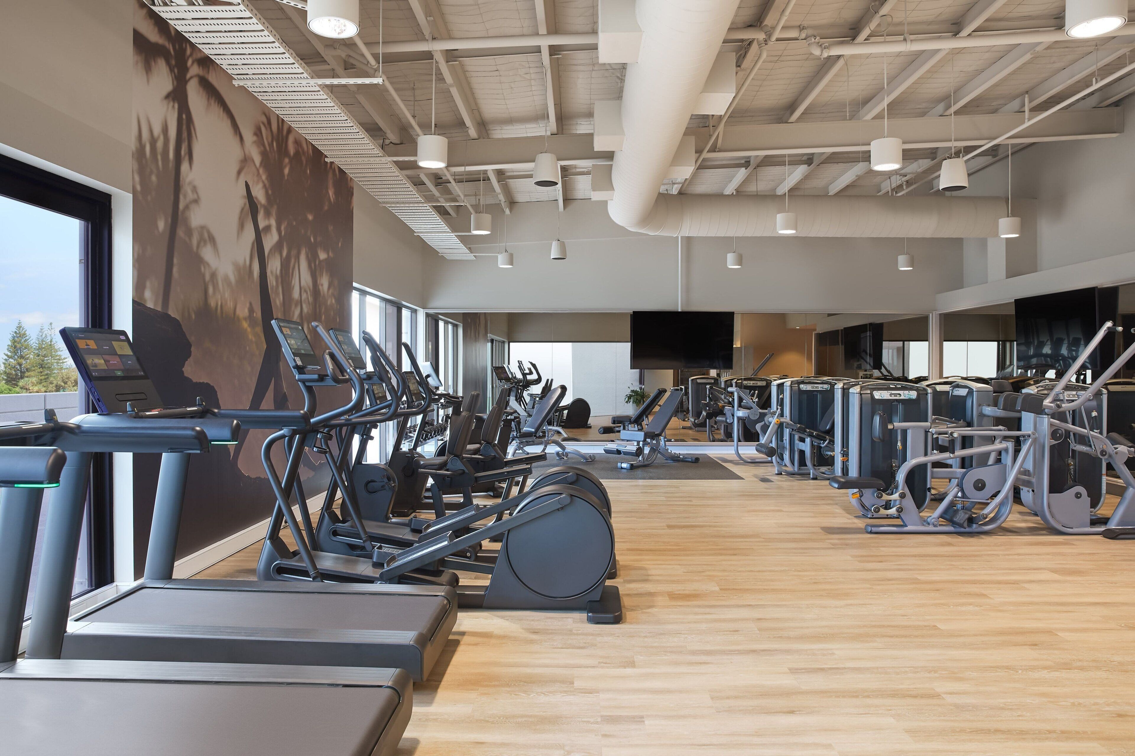 Et fitnesscenter med løbebånd, crosstrainere og styrkeapparater.