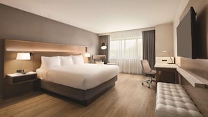 A hotel room with a large bed, bedside tables, a desk, a chair, and a TV. - Radisson Hotel Seattle Airport (SeaTac)