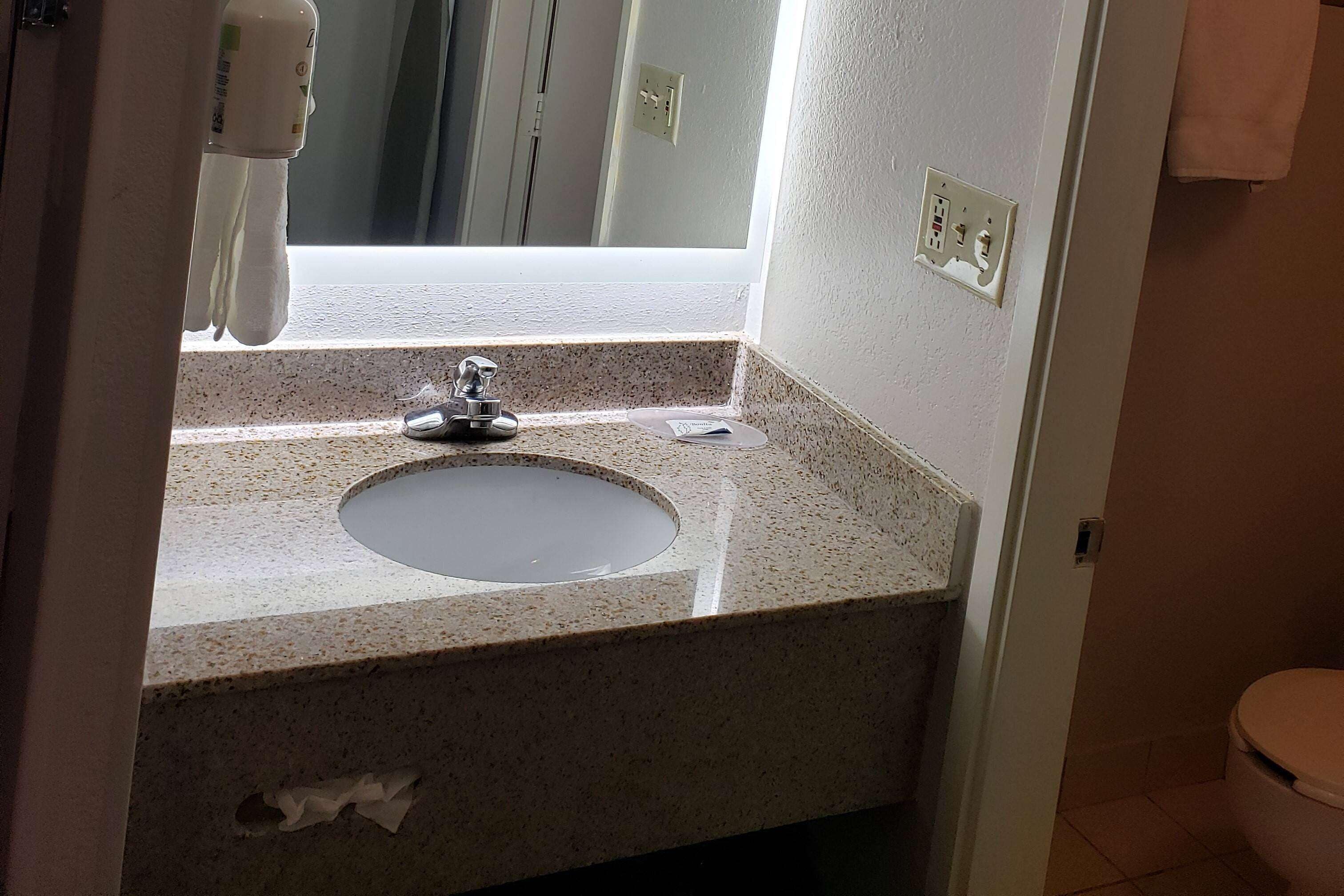 combined shower/bathtub, free toiletries, hair dryer, towels