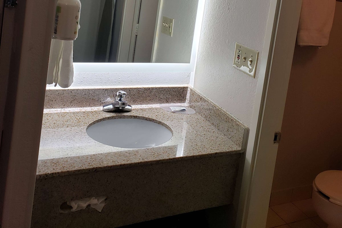 combined shower/bathtub, free toiletries, hair dryer, towels