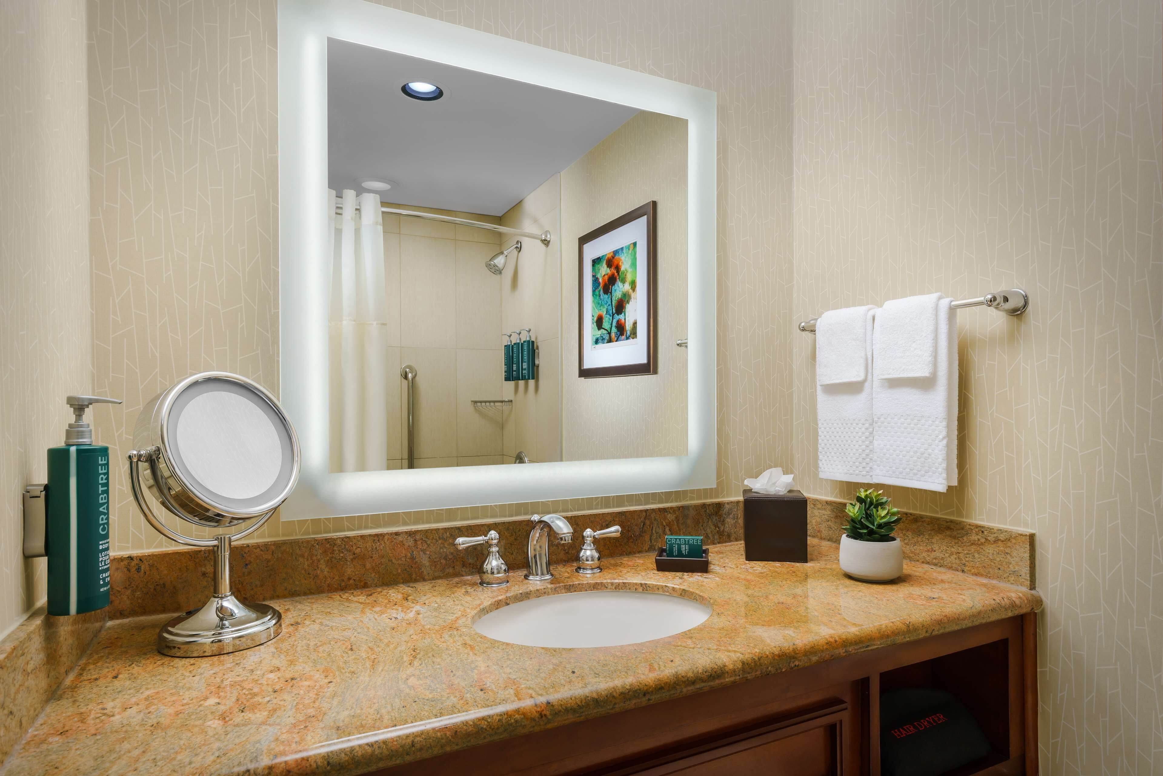 designer toiletries, hair dryer, towels