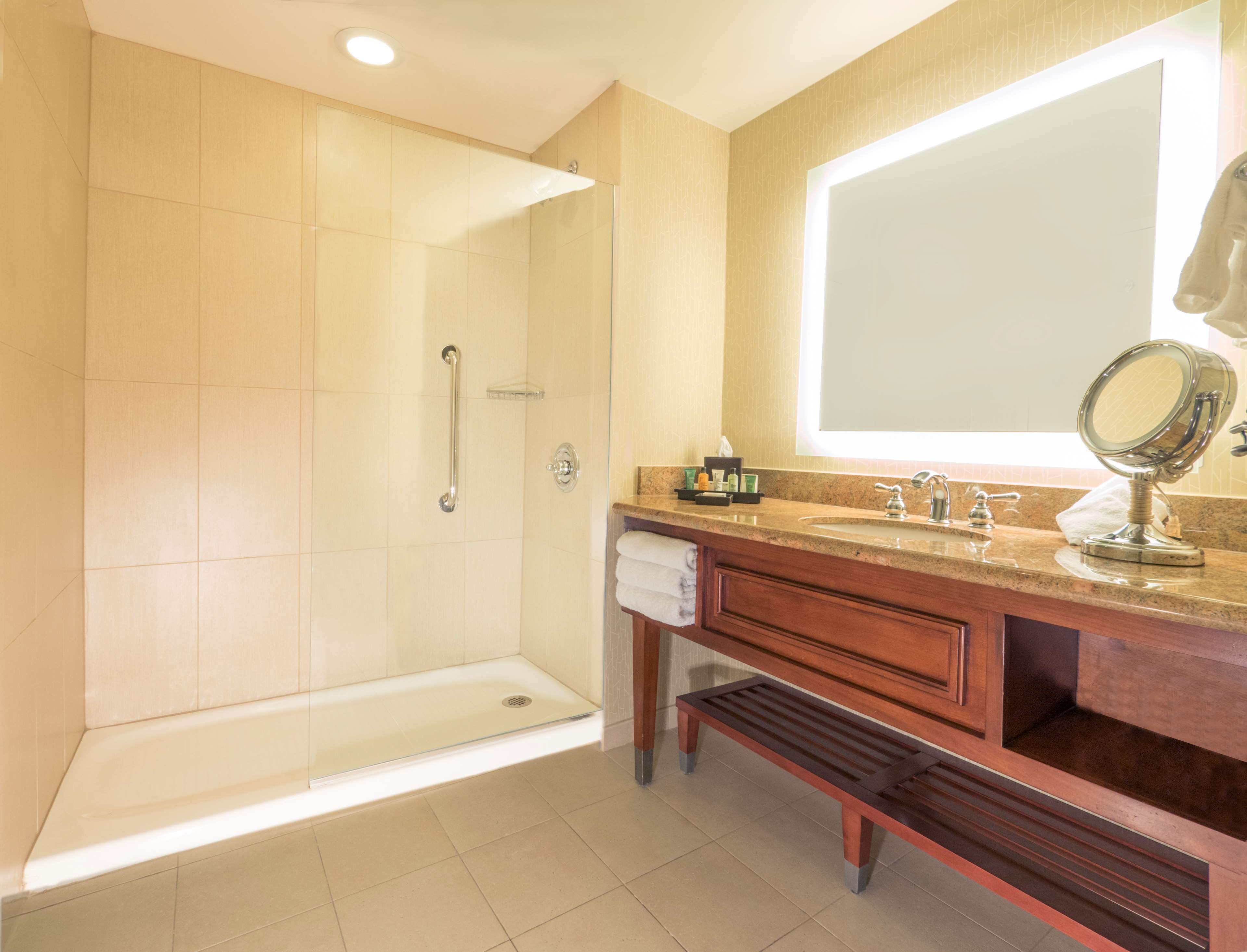 designer toiletries, hair dryer, towels