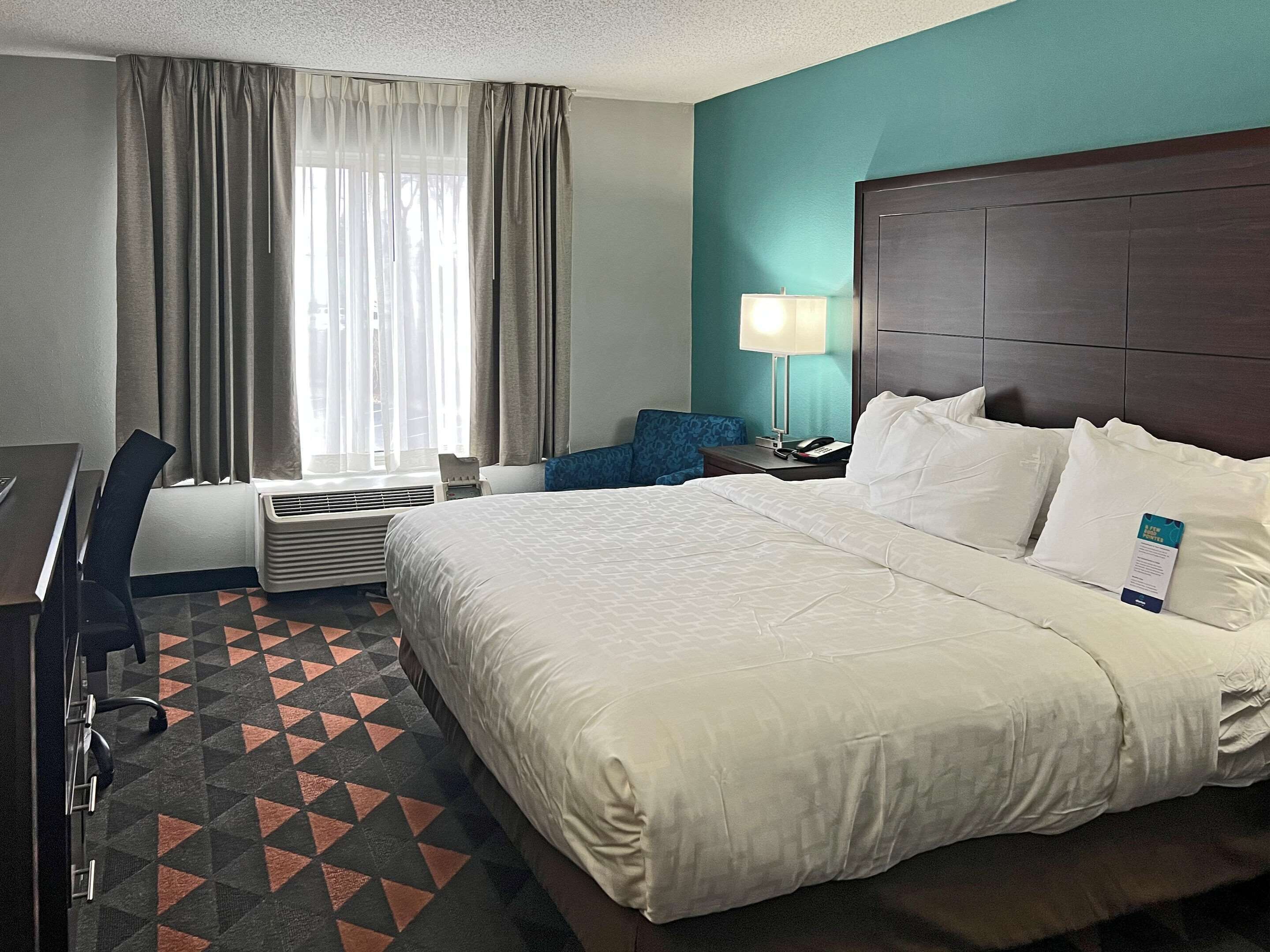 Desk, blackout drapes, iron/ironing board, WiFi