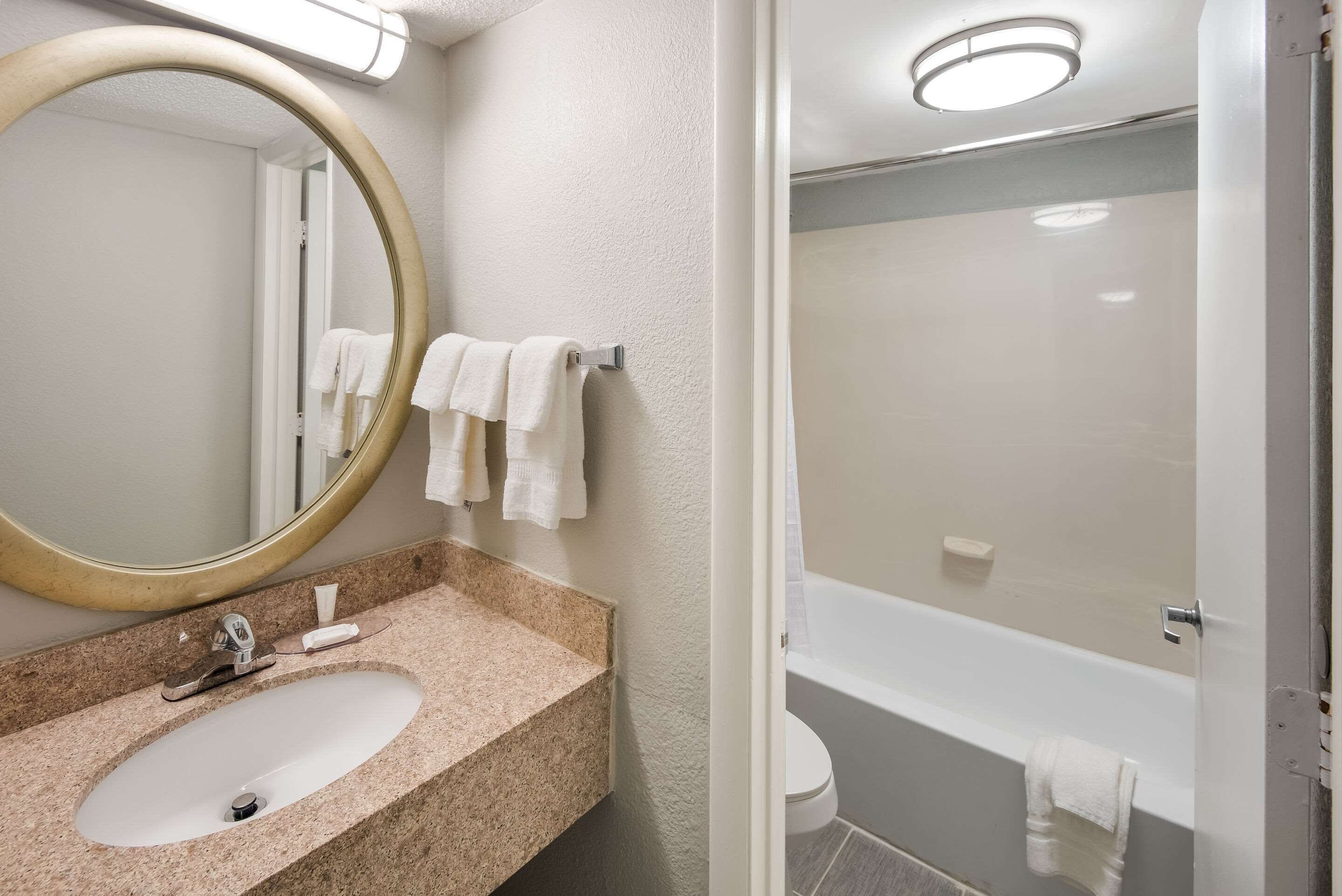 A bathroom with a sink, mirror, and a shower area.