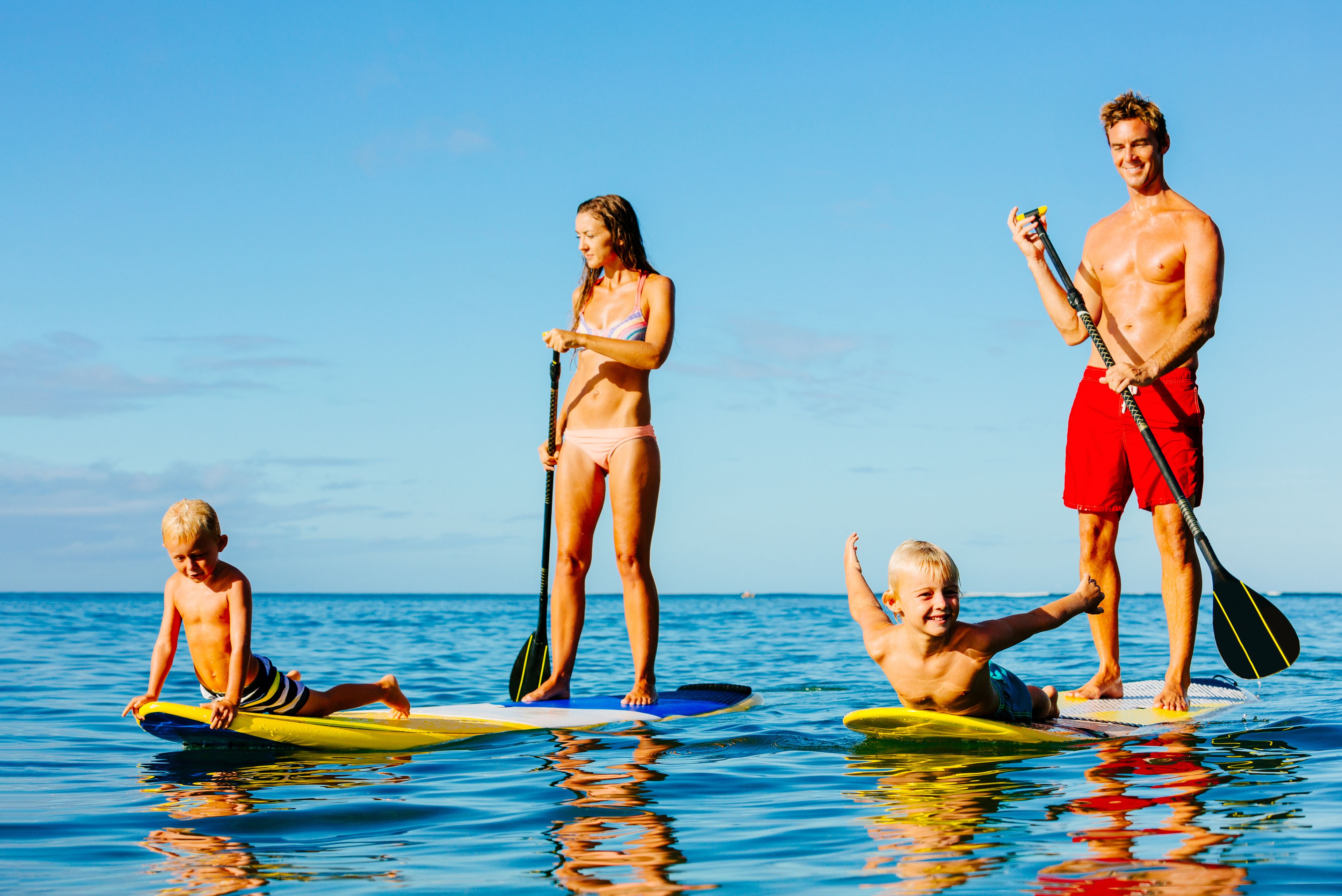 A group of people on paddleboards in the water.
