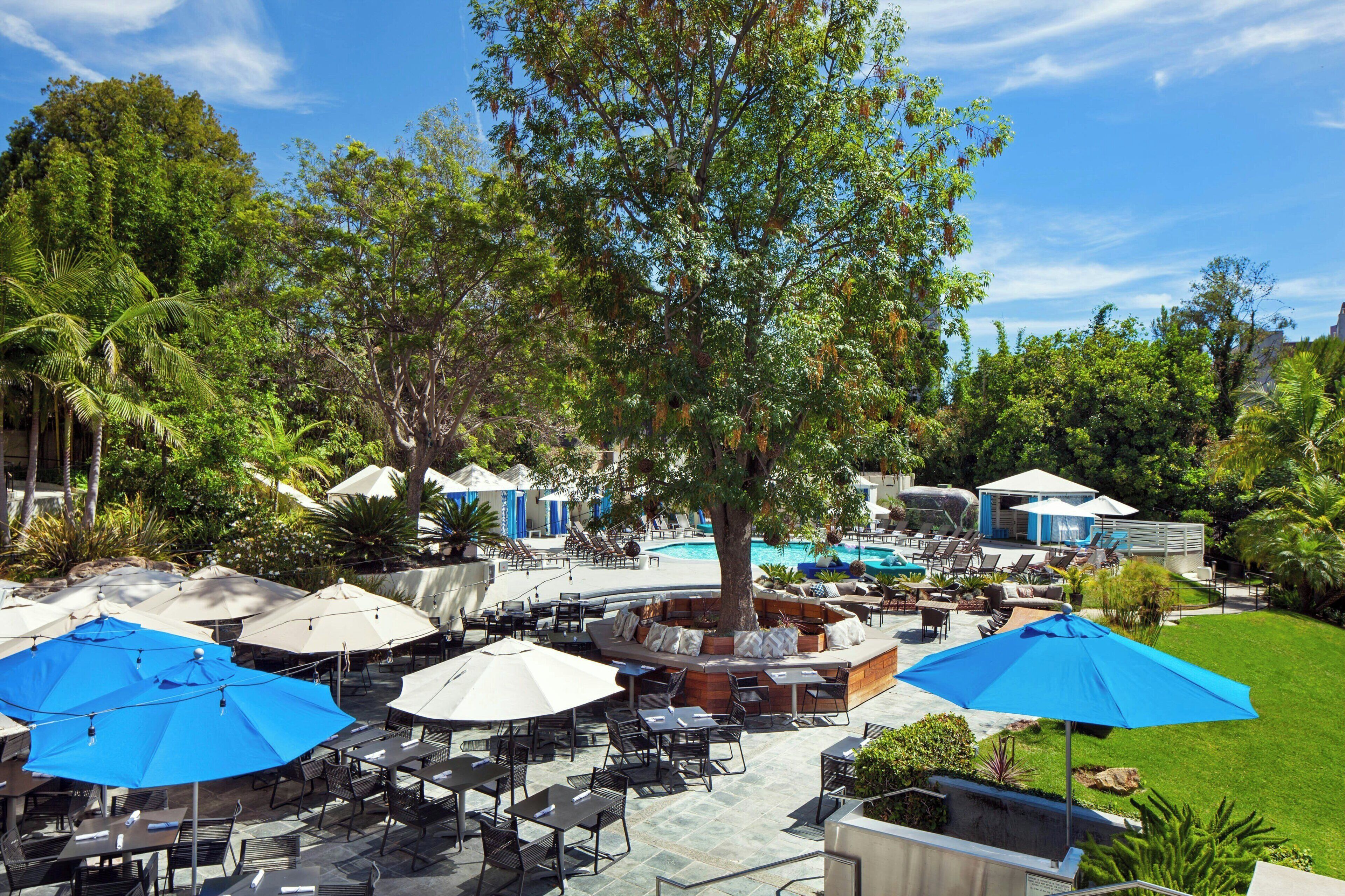 A poolside area with outdoor seating and umbrellas.