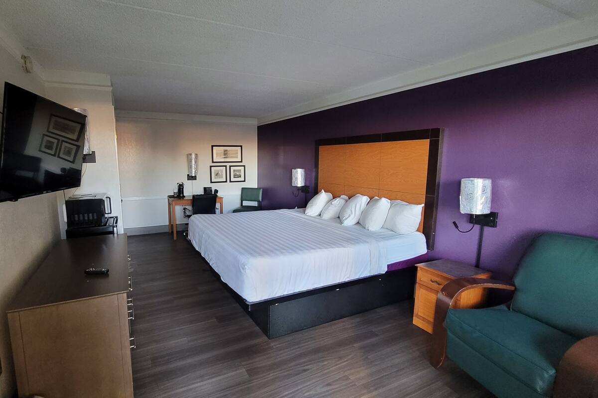 A hotel room with a bed, a desk, a chair, a television, and a sofa.
