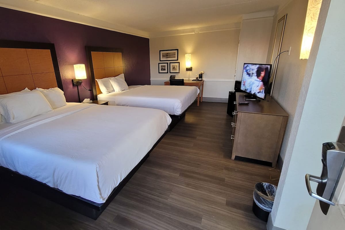 A hotel room with two beds, a TV, a desk, and a trash bin.