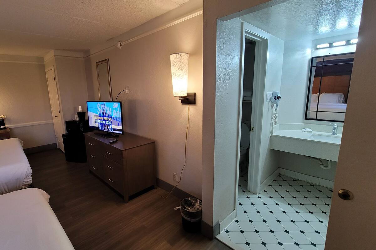 A hotel room with a bed, a TV, a desk, a coffee maker, a trash can, and a bathroom with a sink and mirror.