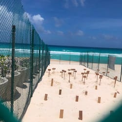 On the beach, white sand, beach cabanas, sun loungers