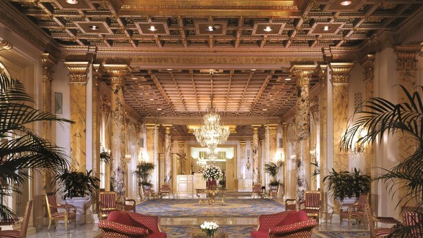 A grand lobby with a high ceiling, ornate columns, and a large chandelier. - Fairmont Copley Plaza, Boston (Boston)