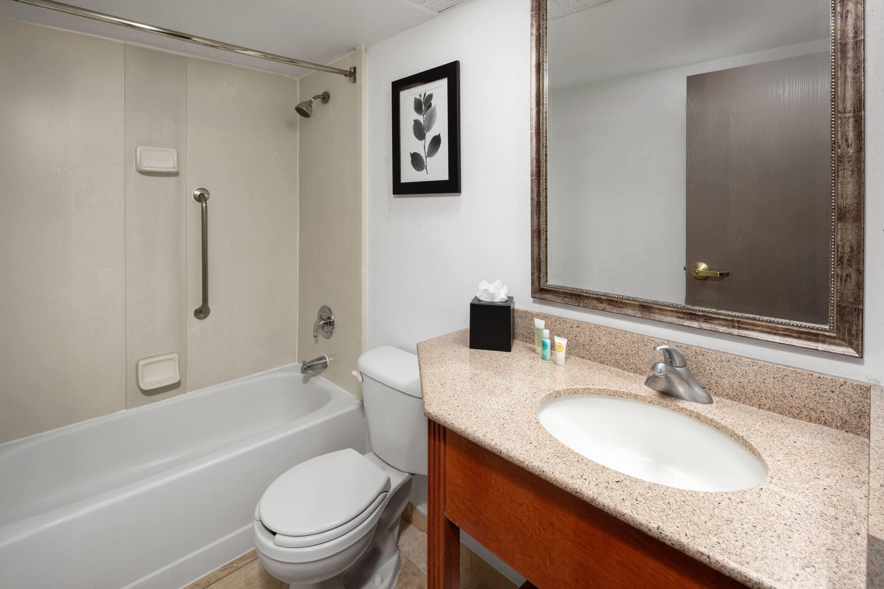 A bathroom with a bathtub, toilet, sink, and a framed leaf artwork on the wall.