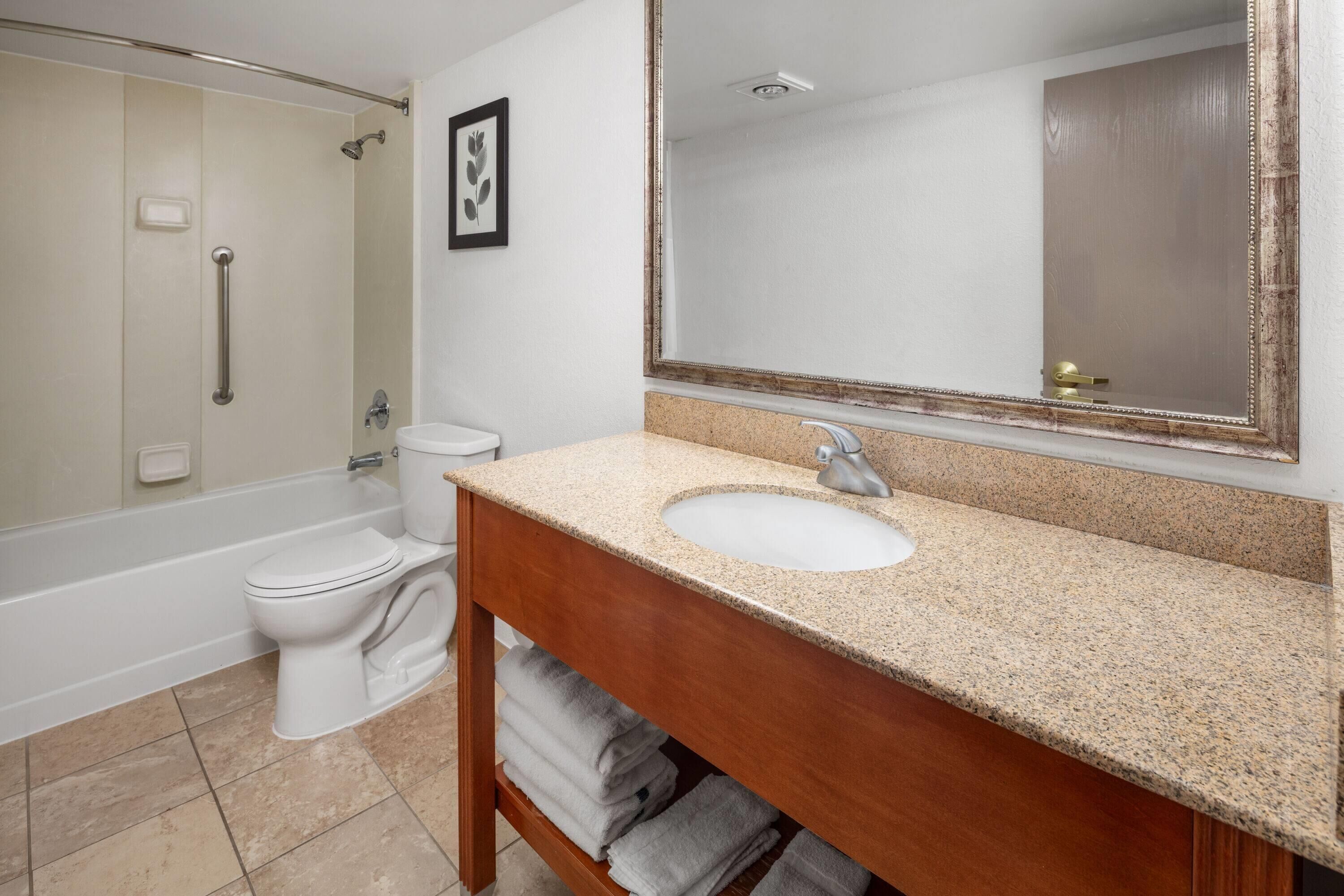 Un baño con inodoro blanco, lavabo con tocador de madera, espejo grande y zona de ducha.