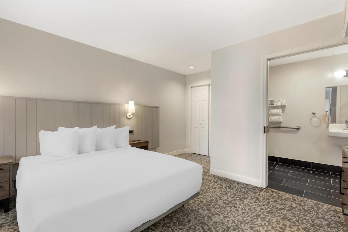 A hotel room with a large bed, a nightstand, a wall-mounted lamp, a door, and a bathroom with a sink and mirror.