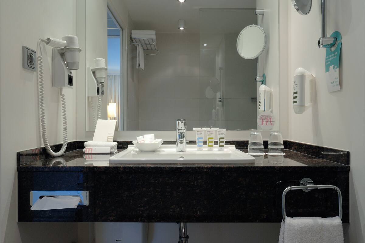 combined shower/bathtub, eco-friendly toiletries, hair dryer, bathrobes