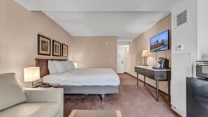 A hotel room with a bed, a desk, a television, and a couch.